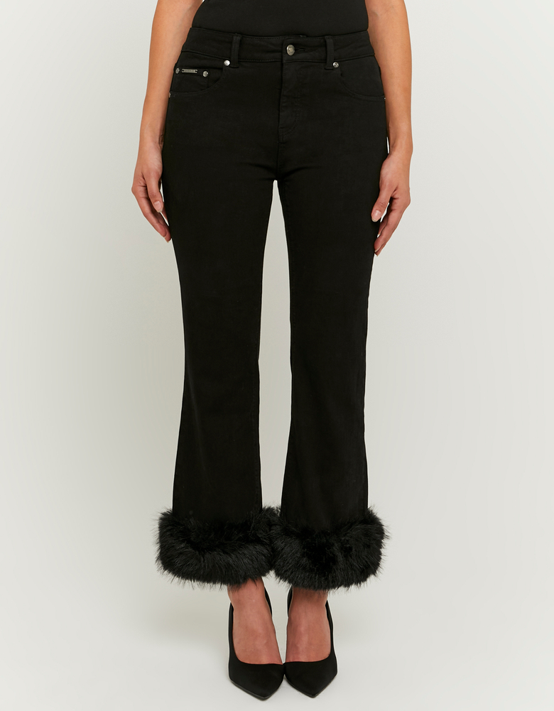 TALLY WEiJL, Jeans Flare Corti Neri a Vita Media con Pelliccia Sintetica for Women