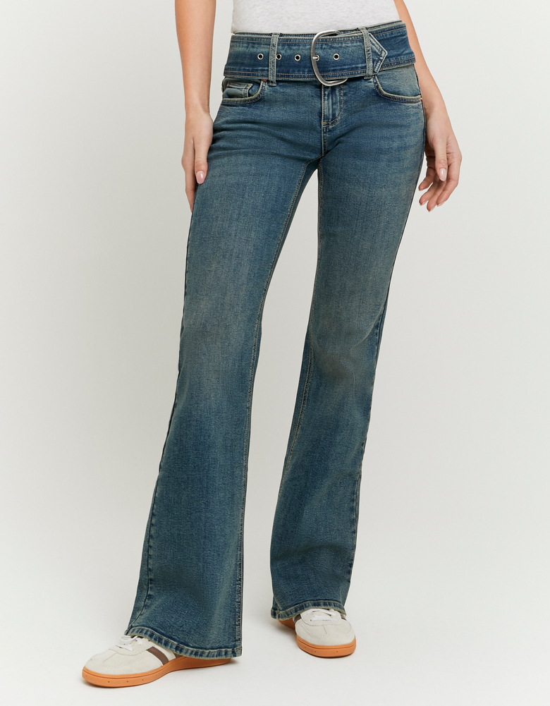 Blue Mid Waist Bootcut Jeans with Belt | TALLY WEiJL