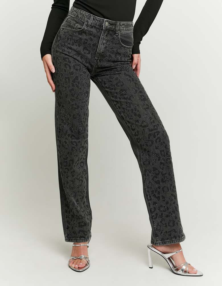 Jeans Straight Leg Neri con Motivo Animalier in Strass | TALLY WEiJL