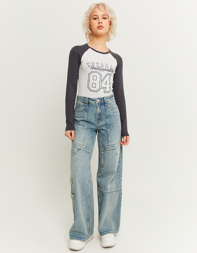 Jean Cargo Jambe Large Bleu Taille Haute | TALLY WEiJL