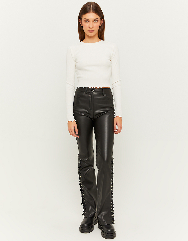 Black High Waist Faux Leather Flare Trousers | TALLY WEiJL