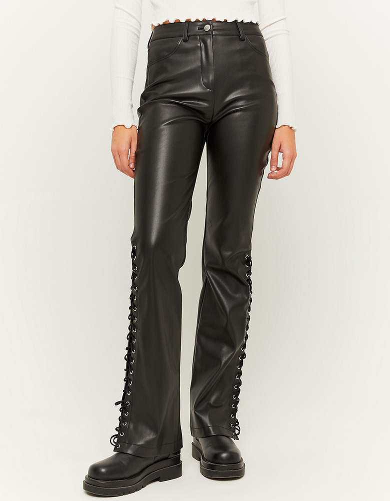 Black High Waist Faux Leather Flare Trousers | TALLY WEiJL