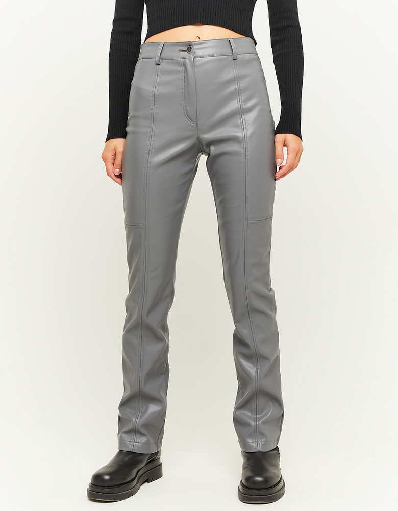 Grey Faux Leather Straight Leg Trousers | TALLY WEiJL