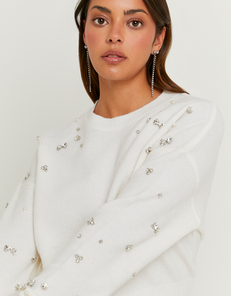 TALLY WEiJL, Maglione Bianco a Maglia con Strass for Women