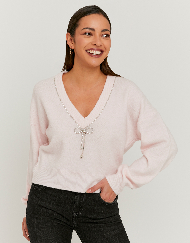 TALLY WEiJL, Maglione Rosa a Maglia con Fiocco Strass for Women