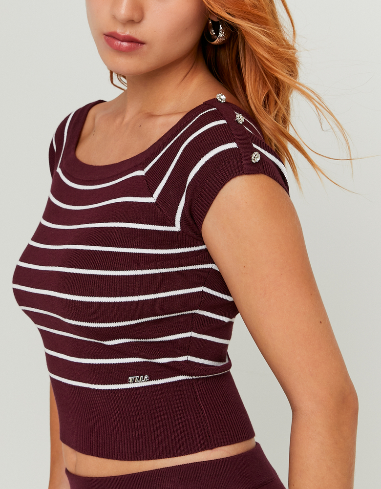 TALLY WEiJL, Top bordeaux in maglia off shoulder a righe for Women