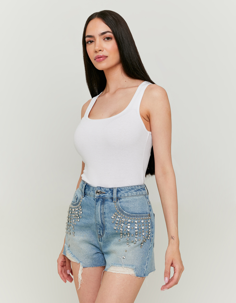 TALLY WEiJL, Short en Denim Taille Haute avec Strass for Women