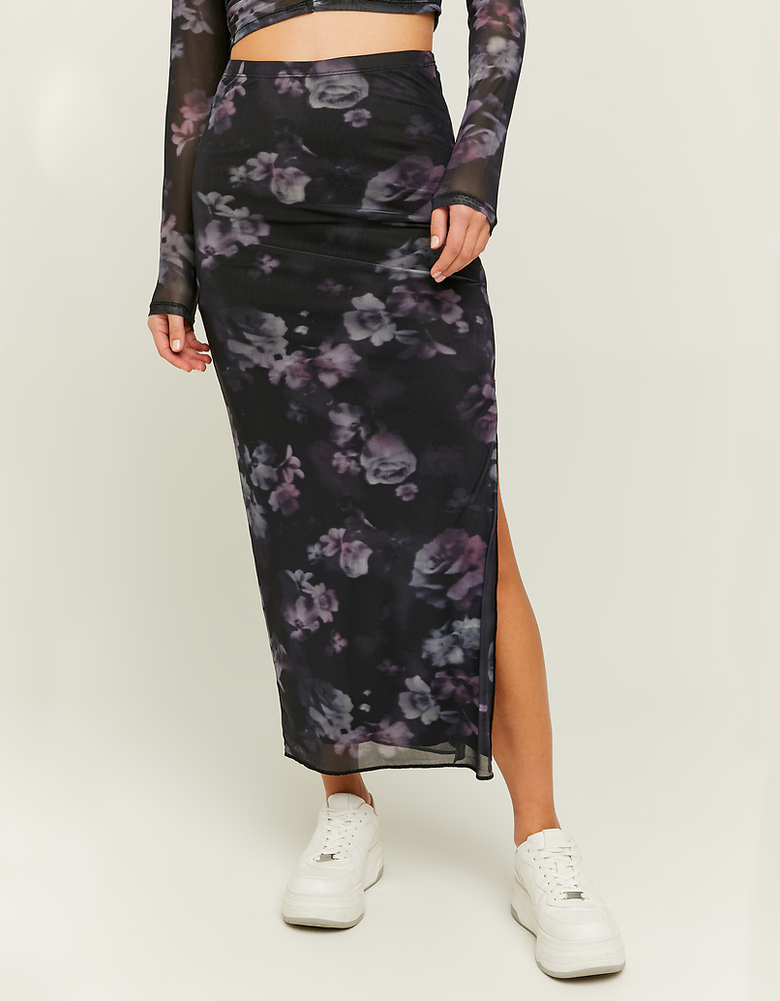 Jupe midi en mesh à fleurs noires | TALLY WEiJL
