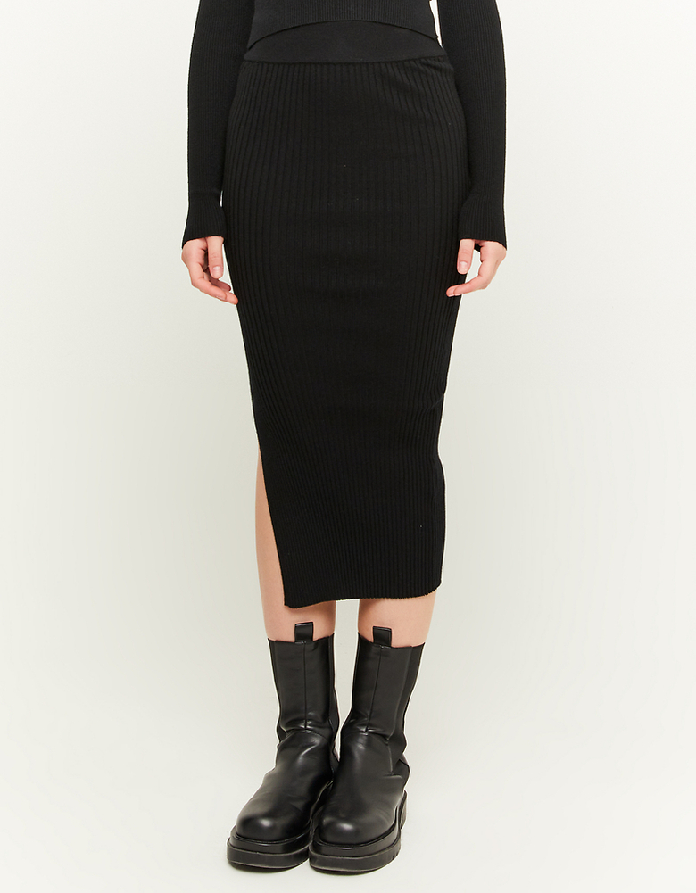Black Ribbed Midi Skirt with Slit | TALLY WEiJL