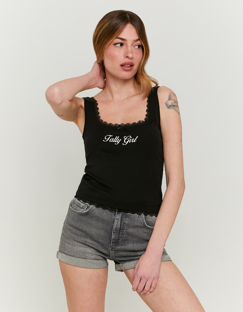 Black Tank Top with Lace Trims | TALLY WEiJL Polska