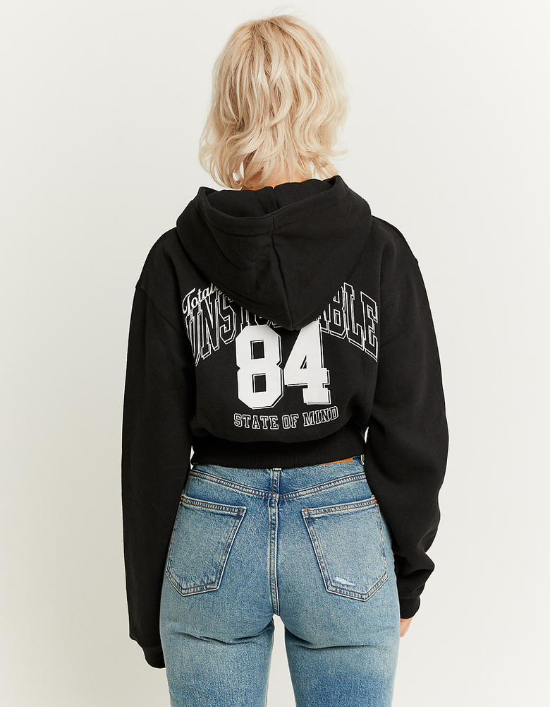 Schwarzer bedruckter Cropped Kapuzenpullover | TALLY WEiJL