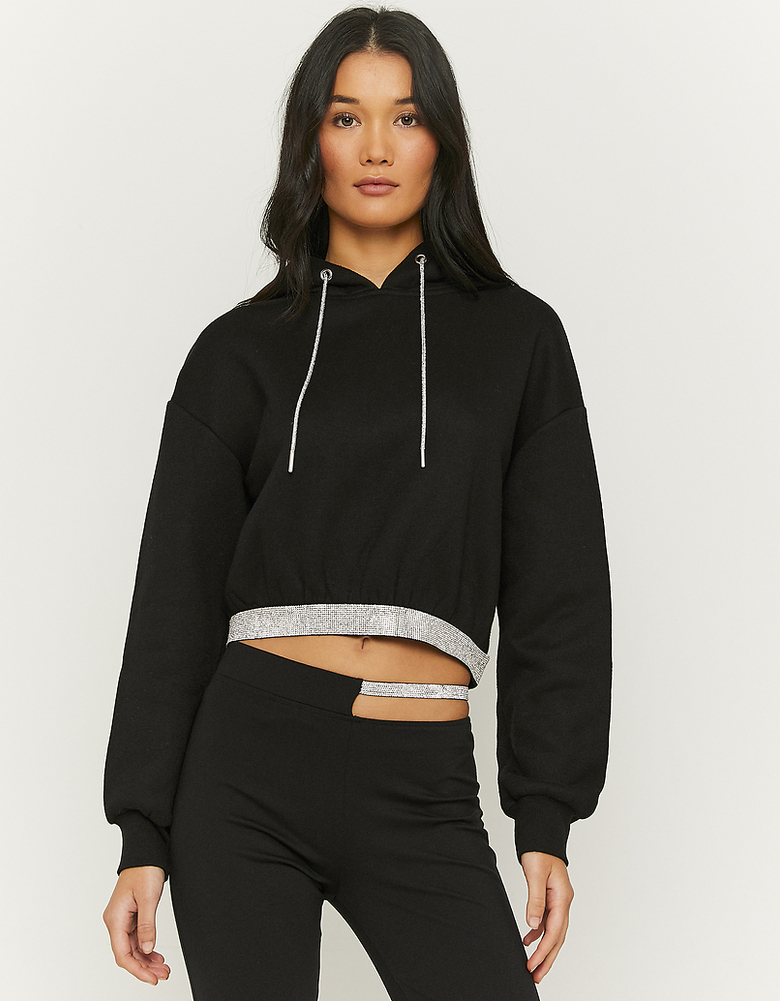 Black Cropped Hoodie With Rhinestones | TALLY WEiJL