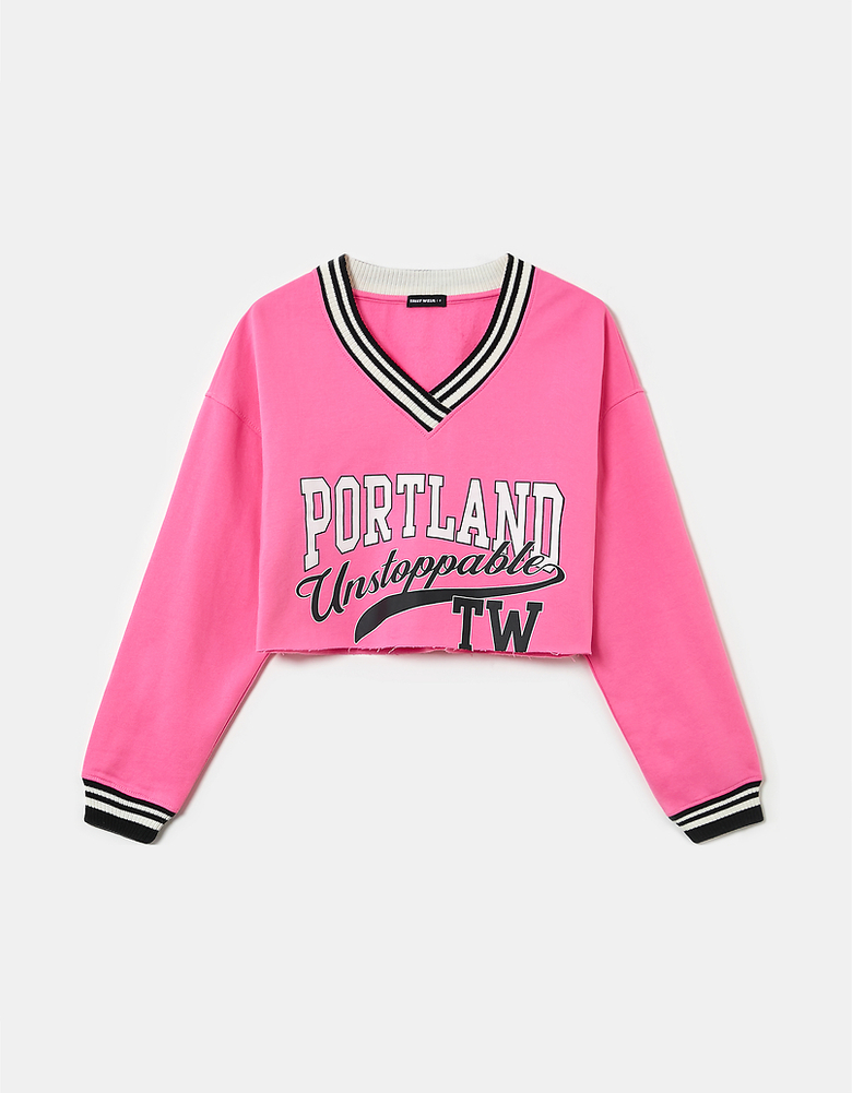 Pink Printed V-Neck Sweatshirt