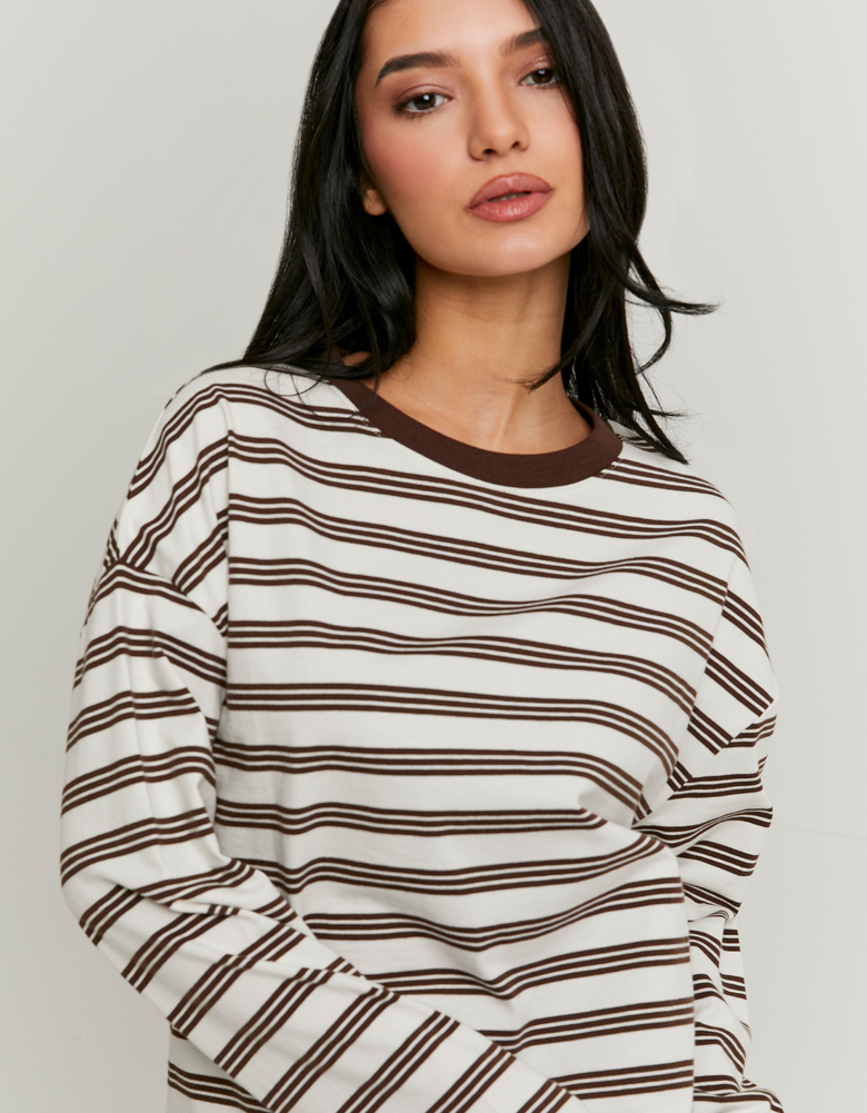 TALLY WEiJL, Brown Striped T‑Shirt With Long Sleeves for Women