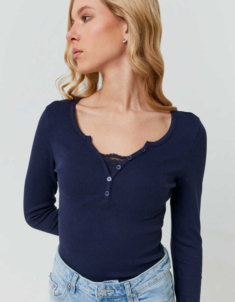 TALLY WEiJL, Blue Long Sleeve T-Shirt with Lace  Detail for Women