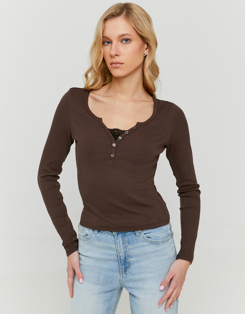 TALLY WEiJL, Brown Long Sleeve T-Shirt with Lace Detail for Women