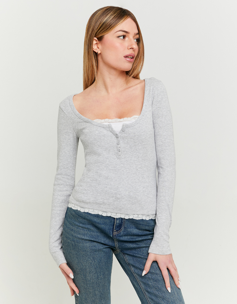 Grey Basic T-shirt with Lace Trims | TALLY WEiJL