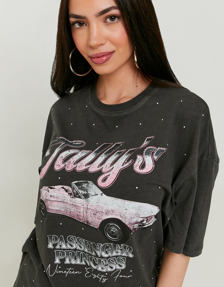 TALLY WEiJL, Dark Grey Printed T-shirt with Strass for Women