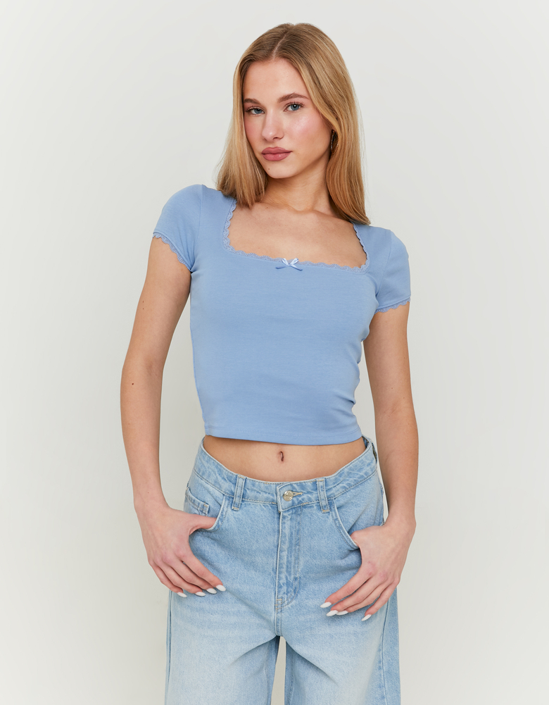 TALLY WEiJL, Top Bleu Basique avec Ourlets en Dentelle for Women
