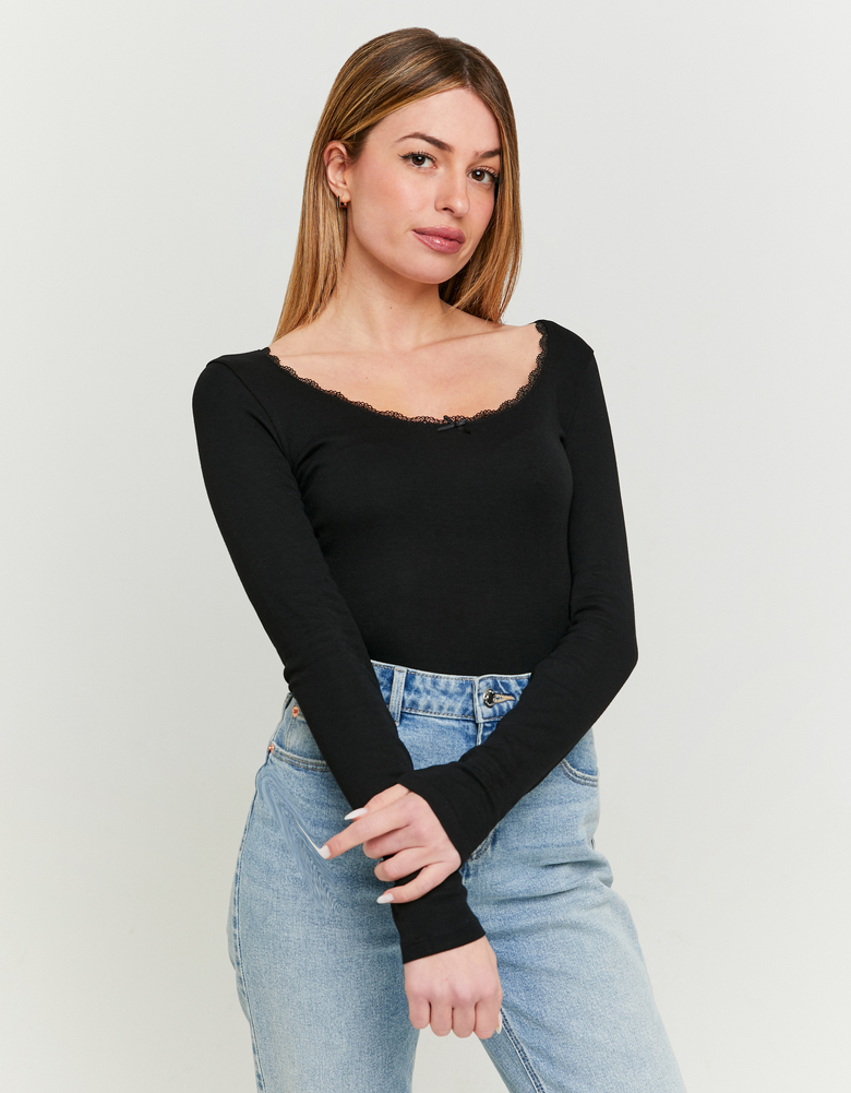 T-Shirt Noir avec Détail Dentelle | TALLY WEiJL