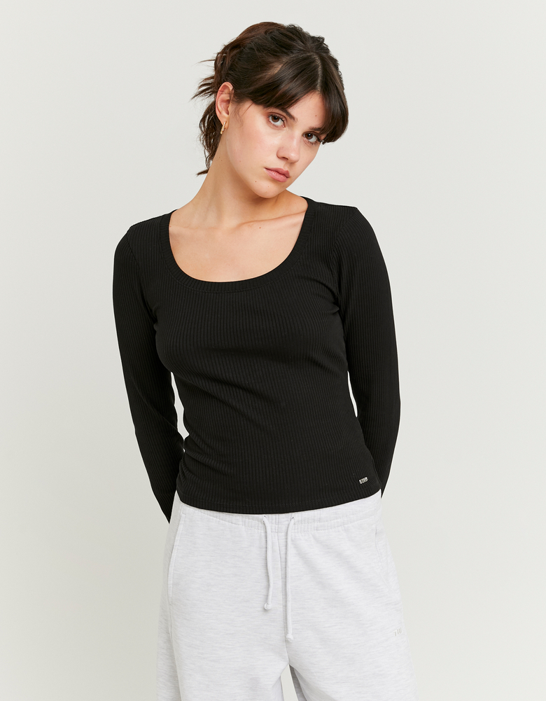 TALLY WEiJL, Black Ribbed Basic T-Shirt for Women