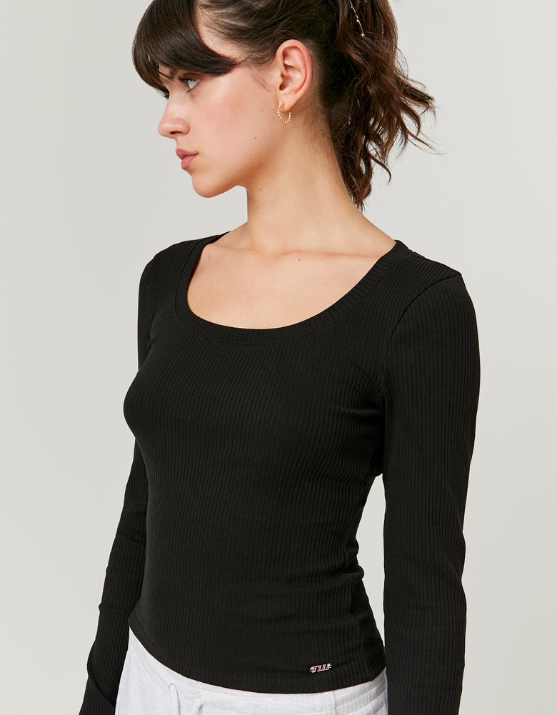 TALLY WEiJL, Black Ribbed Basic T-Shirt for Women