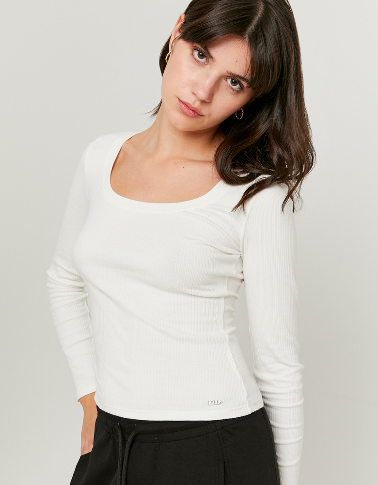 TALLY WEiJL, White Ribbed Basic T-Shirt for Women