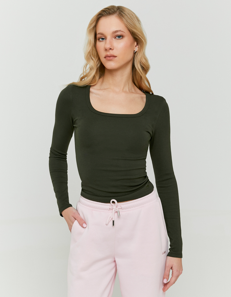 TALLY WEiJL, Basic Green T-shirt with Long Sleeves for Women
