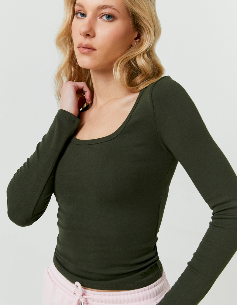TALLY WEiJL, Basic Green T-shirt with Long Sleeves for Women