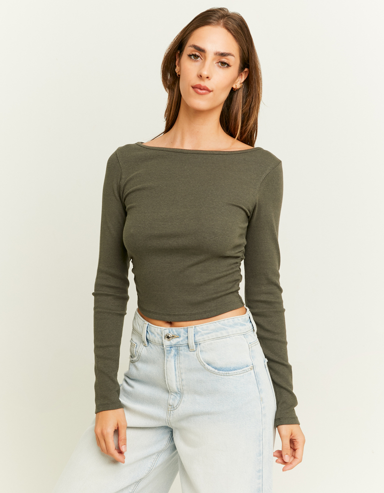 Khaki Boat Neck Basic T-Shirt | TALLY WEiJL