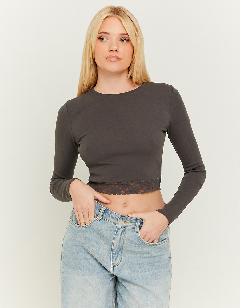 Grey Cropped Basic T-shirt with Lace Detail | TALLY WEiJL