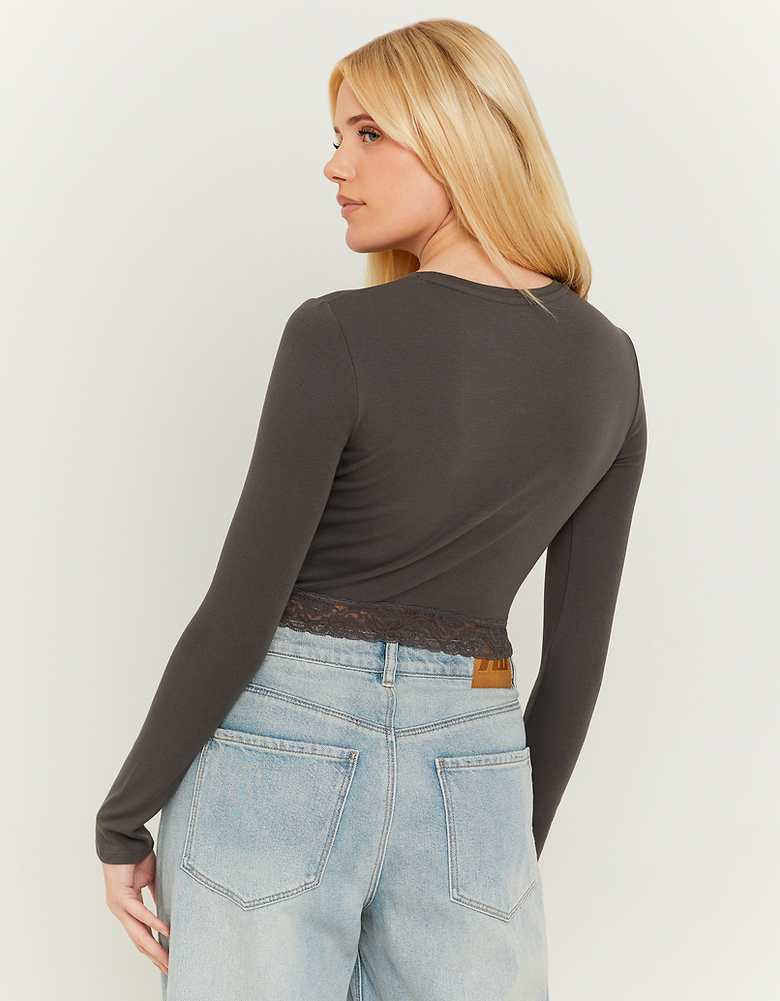 Grey Cropped Basic T-shirt with Lace Detail | TALLY WEiJL
