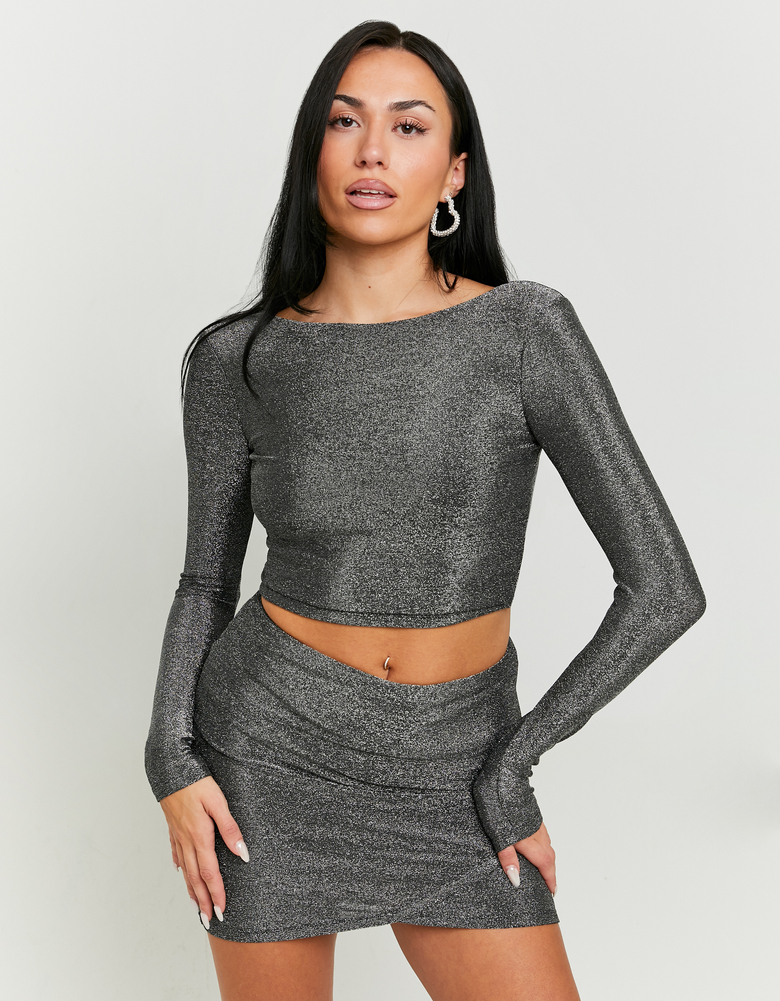 Silver Backless Cropped Top in Lurex | TALLY WEiJL