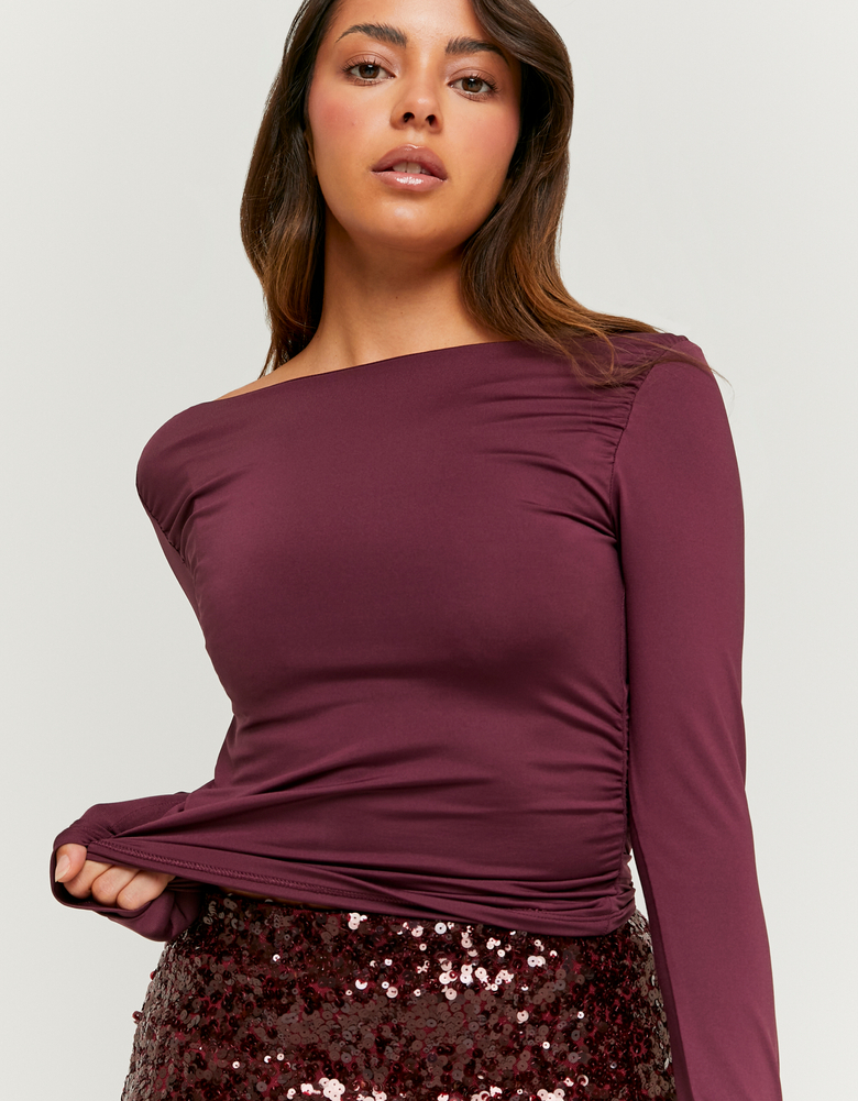 TALLY WEiJL, Top Asimmetrico Bordeaux a Maniche Lunghe for Women