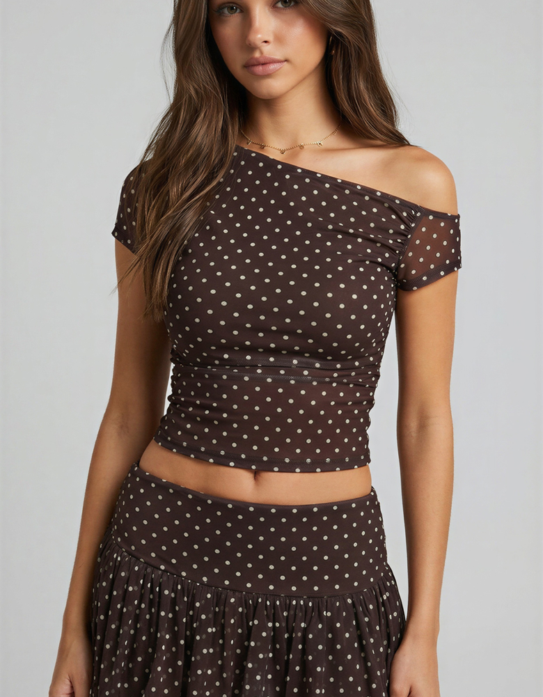 TALLY WEiJL, Top marrone asimmetrico a pois for Women