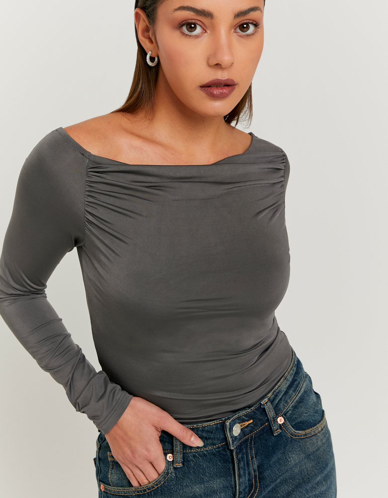 TALLY WEiJL, Top Grigio Asimmetrico a Maniche Lunghe for Women