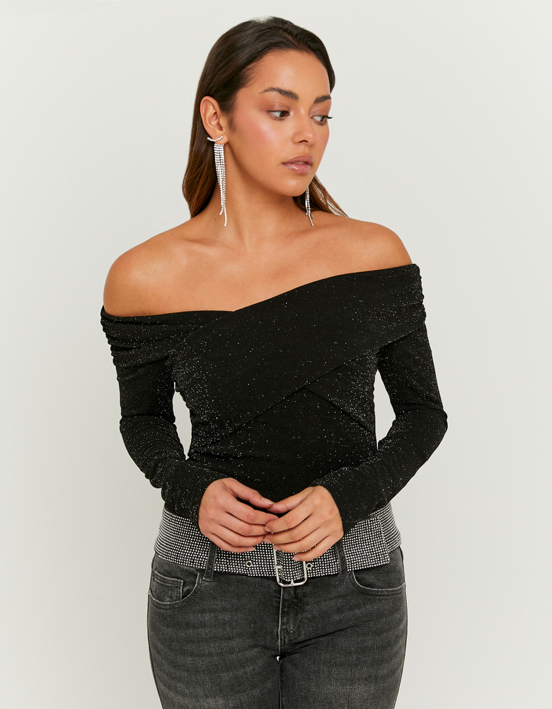 TALLY WEiJL, Black Lurex Off Shoulders Top for Women