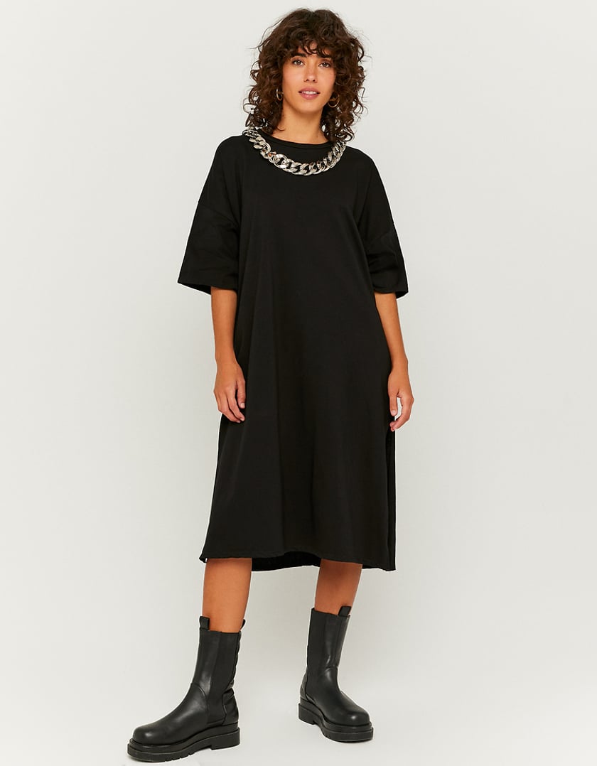 TALLY WEiJL, Black Long T-shirt Dress with Slide Slits for Women