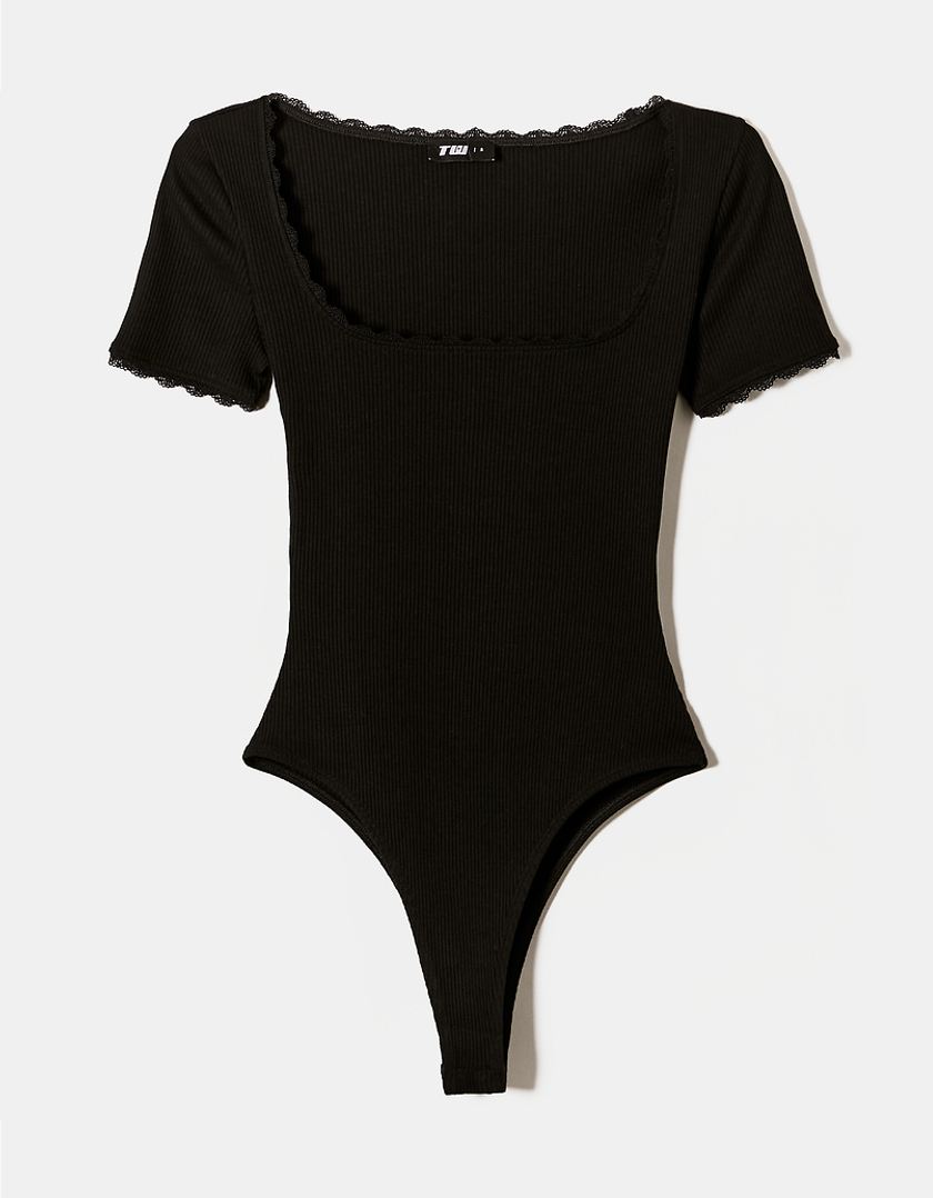 TALLY WEiJL, Black Basic Bodysuit with Lace Neckline Detail for Women