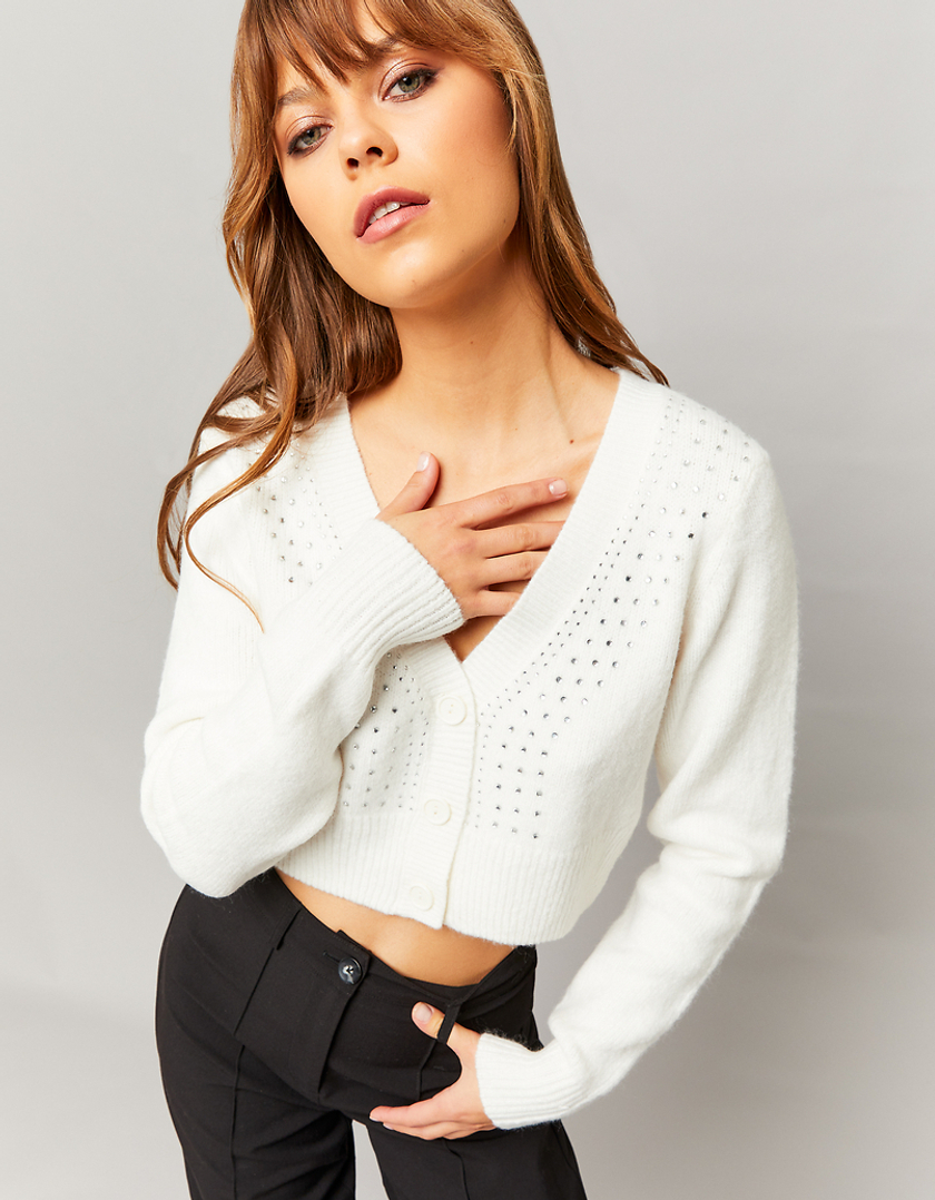 TALLY WEiJL, White Cropped Cardigan with Rhinestone for Women