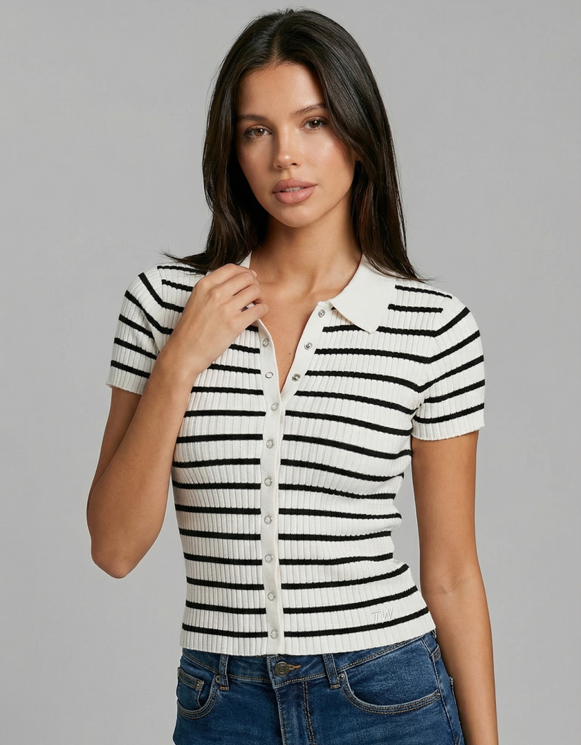 Cardigan Rayé Boutonné en Maille Col Polo