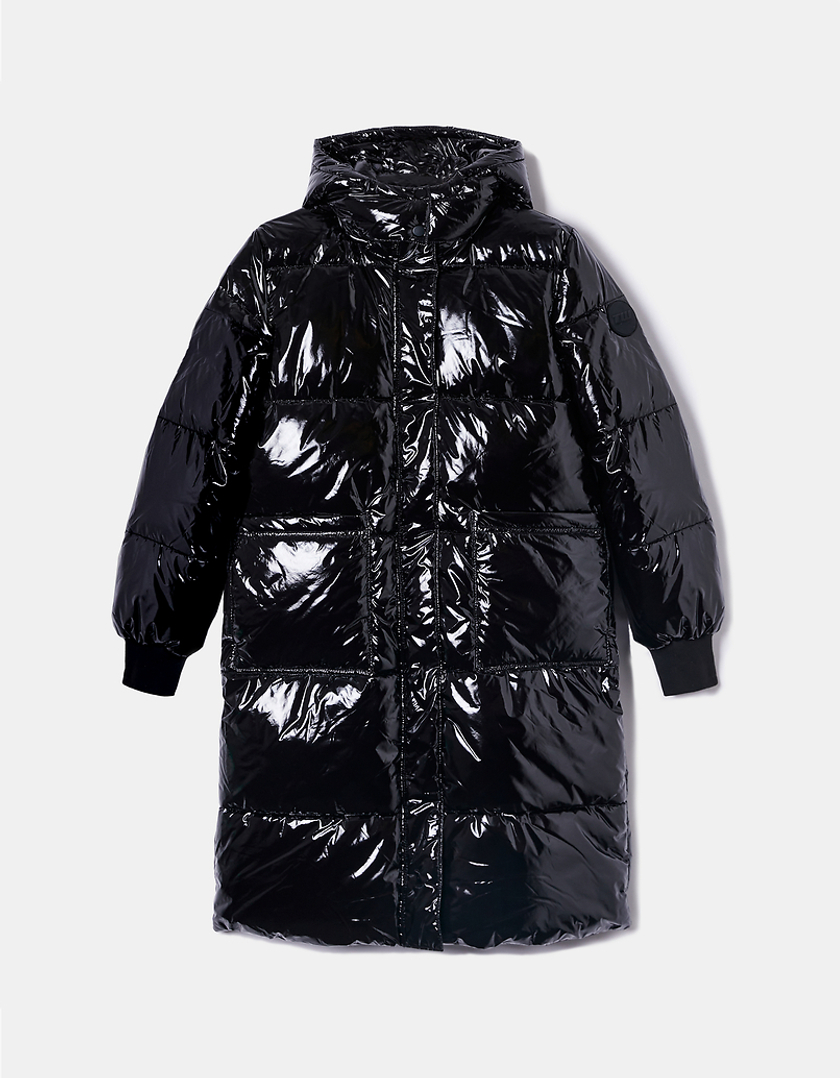 TALLY WEiJL, Black Long Padded Winter Jacket Shiny Vinyl Effect for Women