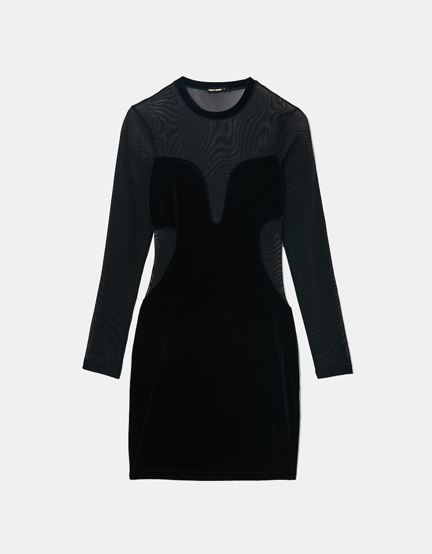 TALLY WEiJL, Black Velvet Mini Dress with Mesh for Women