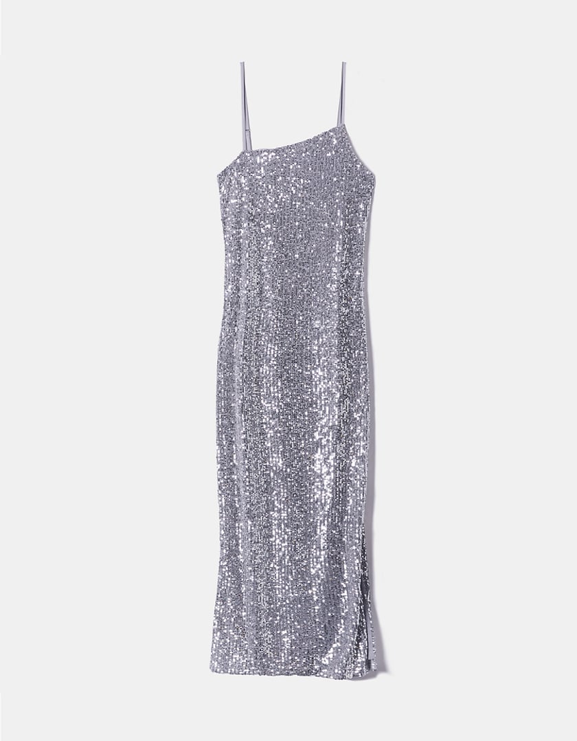 TALLY WEiJL, Silver Sequins Midi Dress with Slit for Women