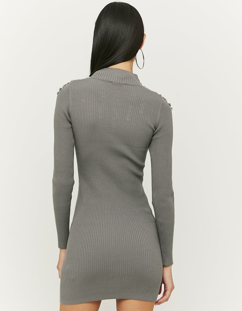 TALLY WEiJL, Grey Rhinestones Knit Mini Jumper Dress for Women