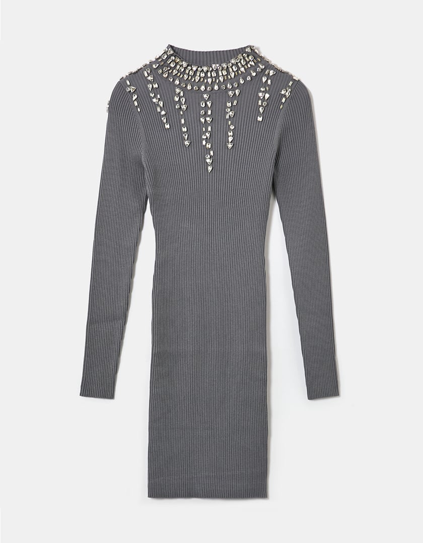 TALLY WEiJL, Grey Rhinestones Knit Mini Jumper Dress for Women