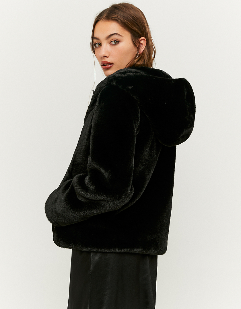 TALLY WEiJL, Black Hooded Faux Fur Jacket for Women