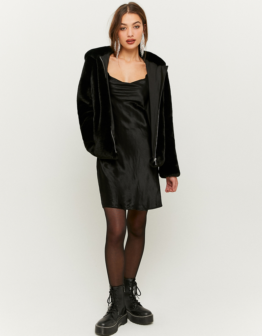 TALLY WEiJL, Black Hooded Faux Fur Jacket for Women