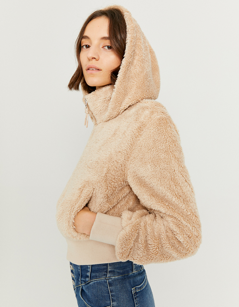 TALLY WEiJL, Beige Faux Fur Jacket with Hood for Women