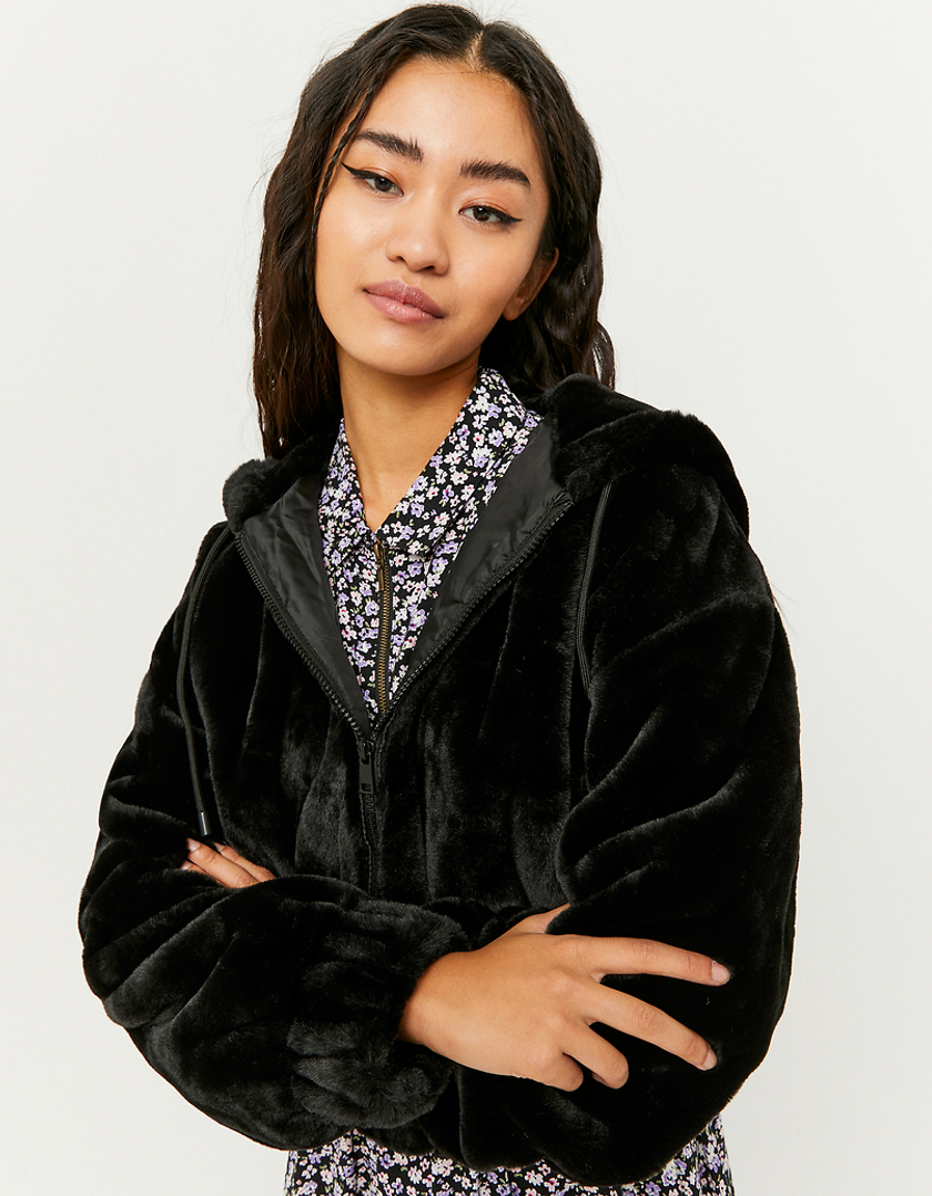 TALLY WEiJL, Black Faux Fur Hood Jacket for Women